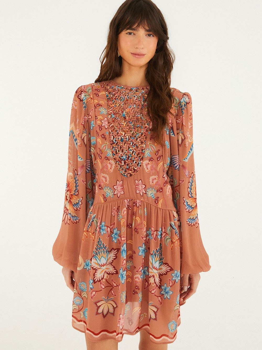 NWT FARM RIO Mocha Boho Enhance Lace Long Sleeve Mini Dress